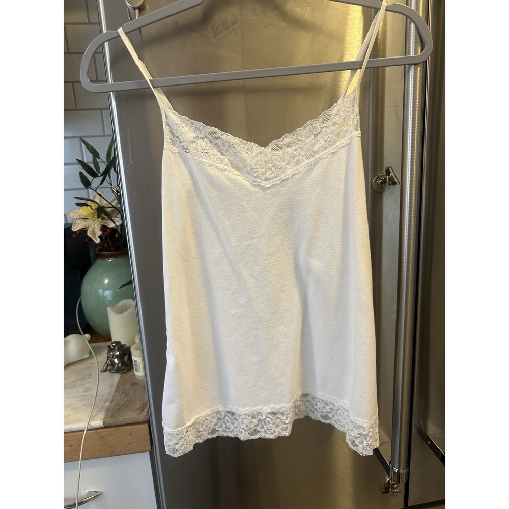 Y2K White Lace Trim Cami Tank Top Coquette Fairycore 2x Lace Hem Spaghetti Strap